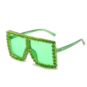 Oversized square rhinestone sunglasses. Green with green tint. NWT